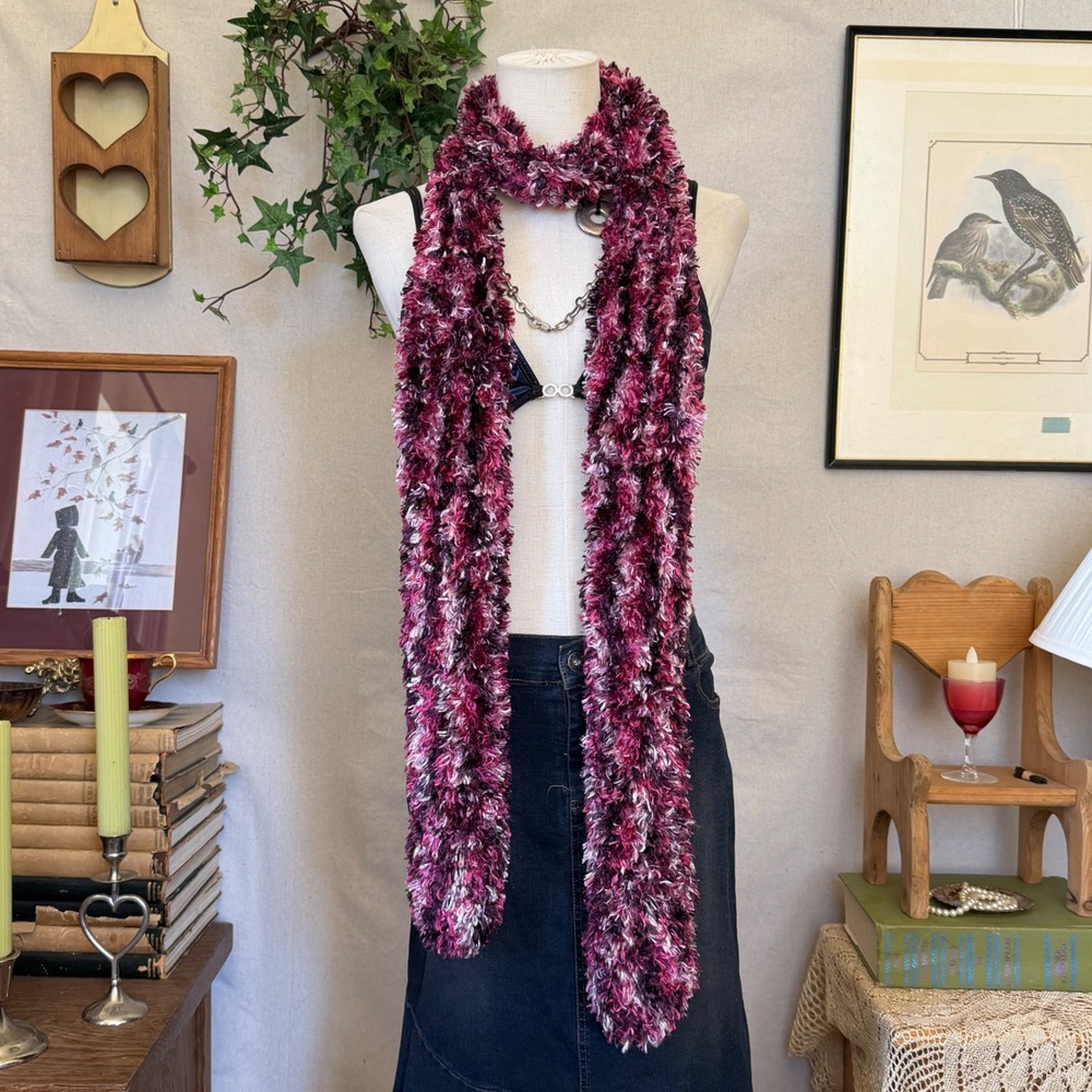 Coloful Pink Marled Eyelash Knit Scarf Y2K Whimsygoth 90s Layering Fuzzy Indie